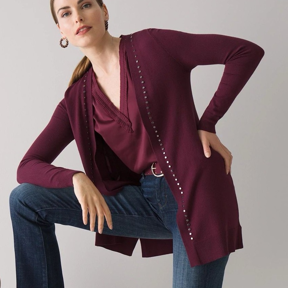 WHBM PORT LONG SLEEVE STUDDED CARDIGAN